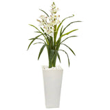 50” Cymbidium Orchid Artificial Plant in White Tower Planter