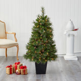 50” Golden Tip Washington Pine Artificial Christmas Tree with 100 Clear Lights, Pine Cones and 336 Bendable Branches in Black Metal Planter