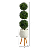 51” Boxwood Triple Ball Topiary Artificial Tree in White Planter with Stand (Indoor/Outdoor
