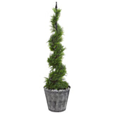 53” Cypress Artificial Spiral Topiary Tree in Black Embossed Tin Planter