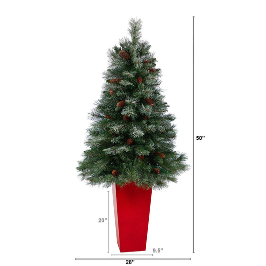 55” Snowed French Alps Mountain Pine Artificial Christmas Tree with 237 Bendable Branches and Pine Cones in Red Tower Planter