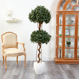 5.5’ Sweet Bay Double Ball Topiary Artificial Tree in White Planter