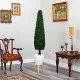 6’ Boxwood Topiary Artificial Tree in White Planter with Stand (Indoor/Outdoor)