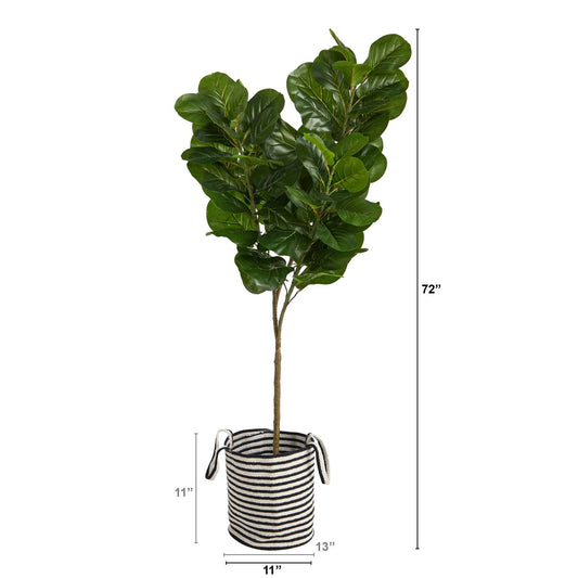 6’ Fiddle Leaf Fig Artificial Tree in Handmade Black and White Natural Jute and Cotton Planter