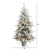 6’ Flocked Long Vermont Pine Tree with 758 Branches and 250 LED Lights in Decorative Planter