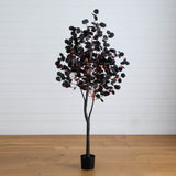 6' Pre-Lit Artificial Halloween Black Eucalyptus Tree with 300 Orange & Purple LED Lights