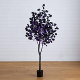 6' Pre-Lit Artificial Halloween Black Eucalyptus Tree with 300 Orange & Purple LED Lights