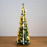 6' Pre-Lit Artificial Pop up Christmas Tree with Gold & Silver Ornaments, Ribbons and 150 Warm White LED Lights