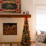 6' Pre-Lit Artificial Pop up Christmas Tree with Red & Gold Ornaments, Ribbons and 150 Warm White LED Lights