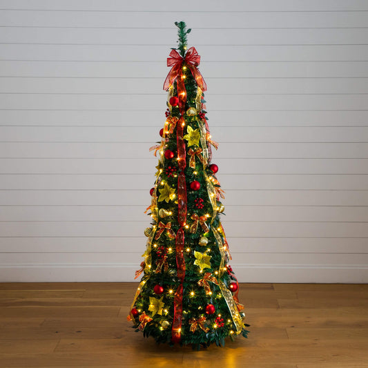 6' Pre-Lit Artificial Pop up Christmas Tree with Red & Gold Ornaments, Ribbons and 150 Warm White LED Lights