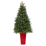 62” Snow Tipped Portland Spruce Artificial Christmas Tree with Frosted Berries and Pinecones with 100 Clear LED Lights in Red Tower Planter
