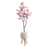 63” Cherry Blossom Artificial Tree in White Planter with Stand
