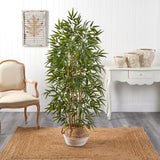 64” Bamboo Tree with Natural Bamboo Trunks in Boho Chic Handmade Cotton & Jute White Woven Planter