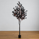 7' Pre-Lit Artificial Halloween Black Eucalyptus Tree with 420 Orange & Purple LED Lights