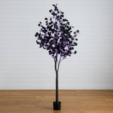 7' Pre-Lit Artificial Halloween Black Eucalyptus Tree with 420 Orange & Purple LED Lights