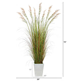 74” Grass Artificial Plant in White Metal Planter