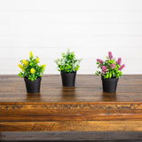 8" Artificial Flowering Arrangement in Black Pot - Set of 3