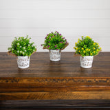 8” Artificial Flowering Mini Daisy Plant in Rustic Flowers & Garden Planter -Set of 3