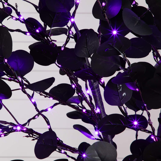 8' Pre-Lit Artificial Halloween Black Eucalyptus Tree with 540 Orange & Purple LED Lights
