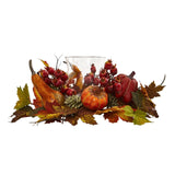 8" Pumpkin, Gourd, Berry and Maple Leaf Artificial Arrangement Candelabrum"