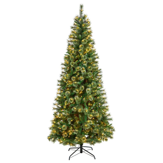 8’ Wisconsin Slim Snow Tip Pine Christmas Tree with 600 Clear LED Lights and 908 Bendable Branches