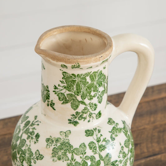 9”  Floral Tuscan Ceramic Green Scroll Jar