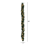 9' Pre-Lit Artificial Golden Frosted Christmas Garland with 50 Warm White LED Lights Pinecones, Berries and Ornaments