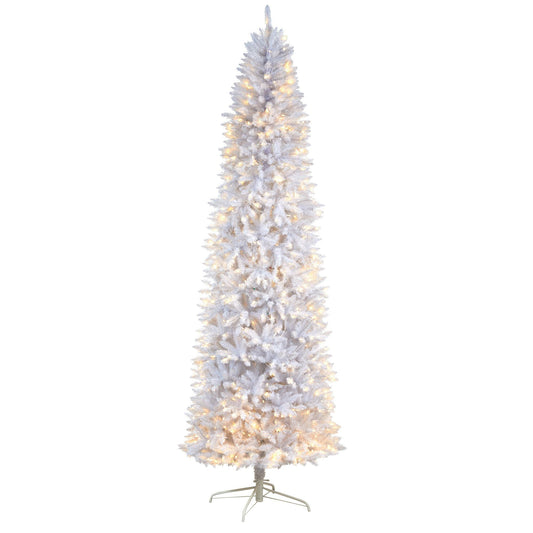 9’ Slim White Artificial Christmas Tree with 600 Warm White LED Lights and 1860 Bendable Branches