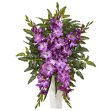Gladiolas & Fern Artificial Arrangement in White Vase