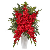 Gladiolas & Fern Artificial Arrangement in White Vase