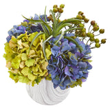 Hydrangea and Berries Artificial Arrangement in Marble Finished Vase