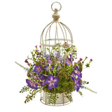Morning Glory Artificial Arrangement in Decorative Bird Cage
