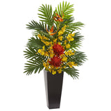 Tropical Floral & Orchid Artificial Arrangement in Black Vase
