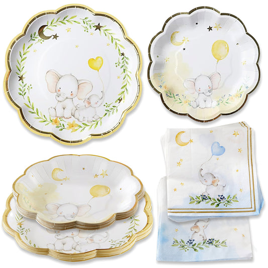 Elephant Baby Shower 62 Piece Party Tableware Set - Blue & Yellow (16 Guests)