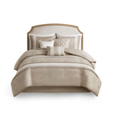 7 Piece Lace Trim Pintucked Farmhouse Comforter Set, Taupe
