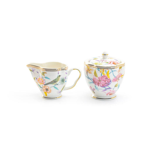 Grace Teaware Spring Flowers Bird Sugar & Creamer