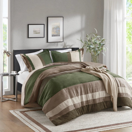 Fluffy Striped Pieced Faux Suede Comforter Set, Green