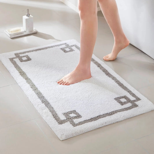 High Pile Bordered Bathroom Rug, White