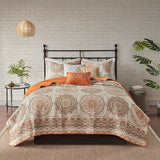 6 Piece Floral Medallion Reversible Quilt Set, Orange