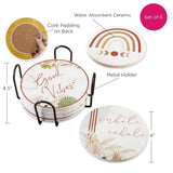 Boho Ceramic Coaster Set of 6 with Holder
