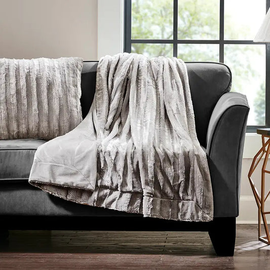 Wholesale Ultra-Soft Plush Long Fur Throw Pillow and Blanket, Grey