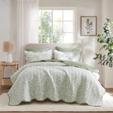 3 Piece Botanical Print Quilt Set, Sage Green
