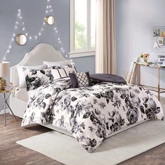 Black and White Floral Comforter/Duvet Cover Set
