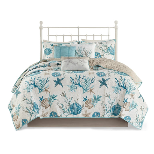 6 Piece Coastal Cotton Sateen Quilt Set, Aqua