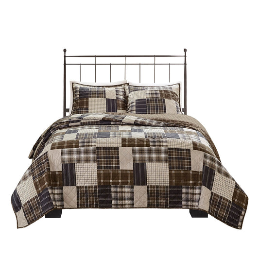 3 Piece Reversible Patchwork Printed Quilt Set, Black/Brown