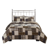 3 Piece Reversible Patchwork Printed Quilt Set, Black/Brown