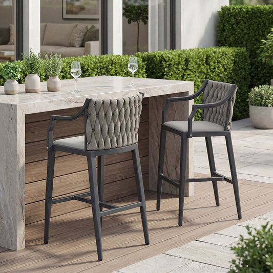 PURPLE LEAF Outdoor Bar Stool Set of 2 Aluminum Frame Bar Chair with Cushion and Back Kitchen Island Bar Stools