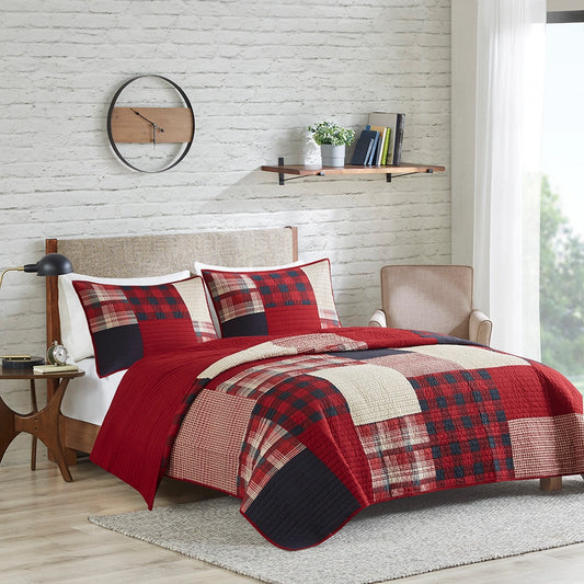 3 Piece Plaid Oversized Cotton Quilt Mini Set, Red