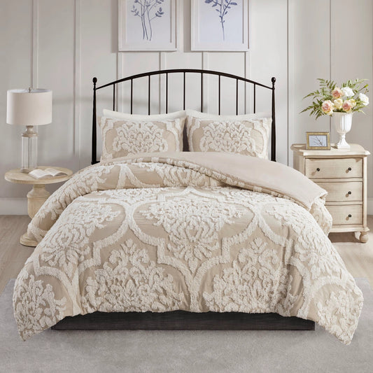 Tufted Chenille Damask Comforter/Duvet Cover Mini Set, Taupe