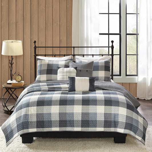 6 Piece Buffalo Plaid Herringbone Reversible Quilt Set, Grey